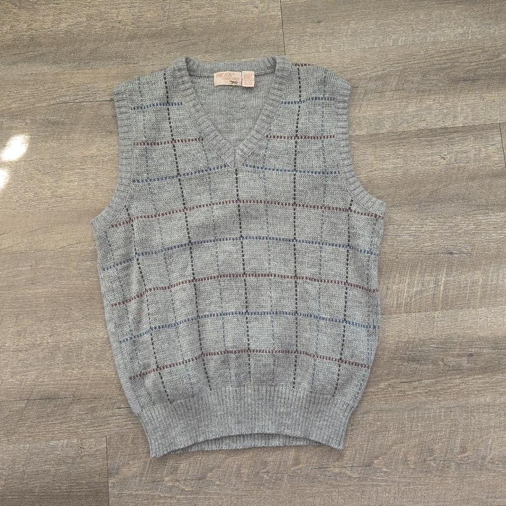 Vintage The Fox Collection Wool Blend Men Large 42-44 Grid Plaid Cable Knit Vest